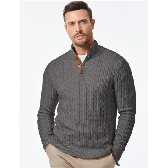 NEW Men's Cable Knit Pullover Sweater Casual Long Sleeve Stand Collar - Picture 3 of 6